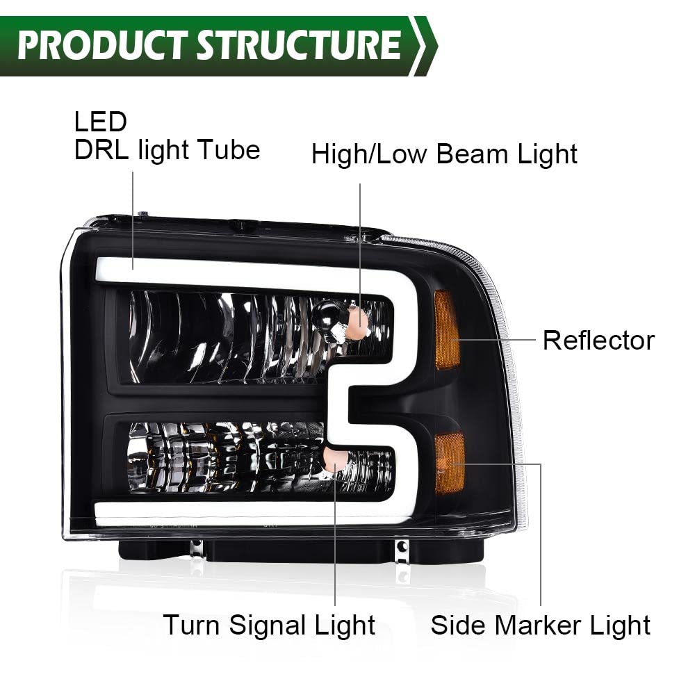 GRAND ORANGE LED DRL BAR Headlights Assembly for 2005-2007 Ford Super Duty & Excursion - Clear Lens, Amber Reflector, ABS Material