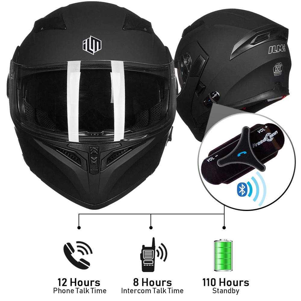 Ilm Bluetooth Motorcycle Helmet Modular Flip Up Full Face Dual Visor Mp3 Intercom Fm Radio Dot Model 902Bt(Matte Black, 2Xl)