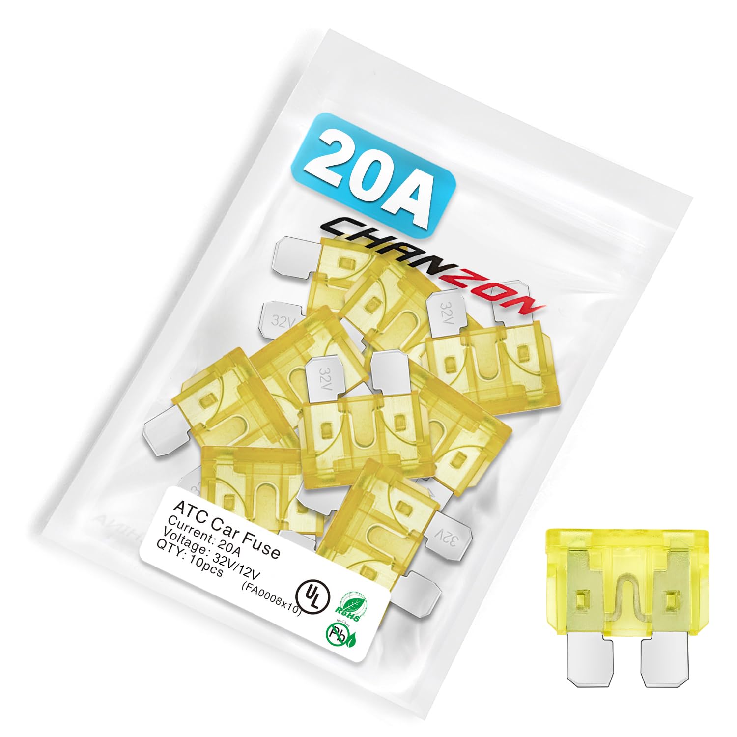 Chanzon Ul Listed 20A Standard Blade Fuse Atc/Ato/Apr 20 Amp 32V 10Pcs Auto Fuses Fast Blow For Automotive Car Rv Truck Suv