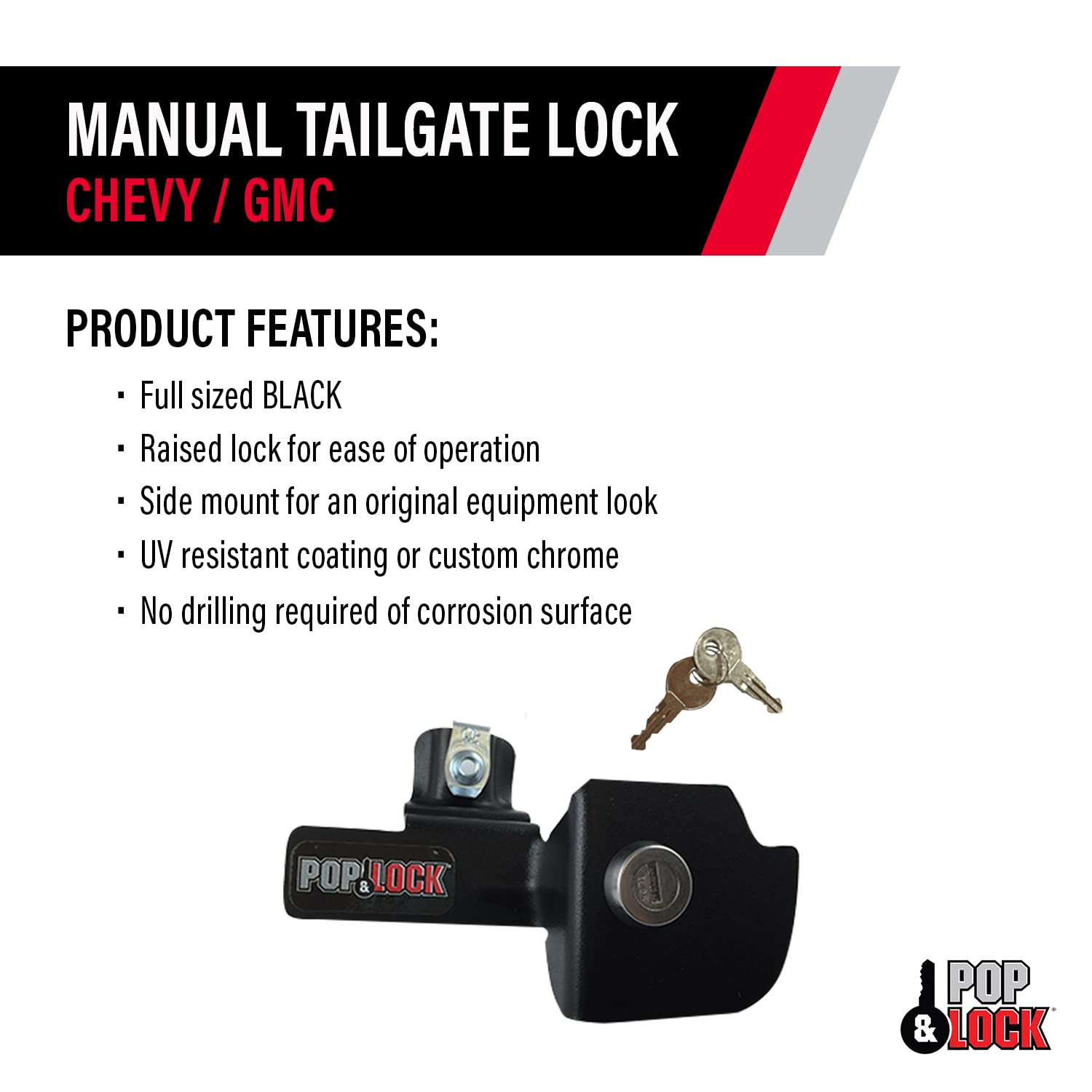 Pop & Lock Tailgate Lock for Chevy Silverado & GMC Sierra, Anti-Theft, Metal, Black, Model PL1100, Easy to Install, 1999-2007
