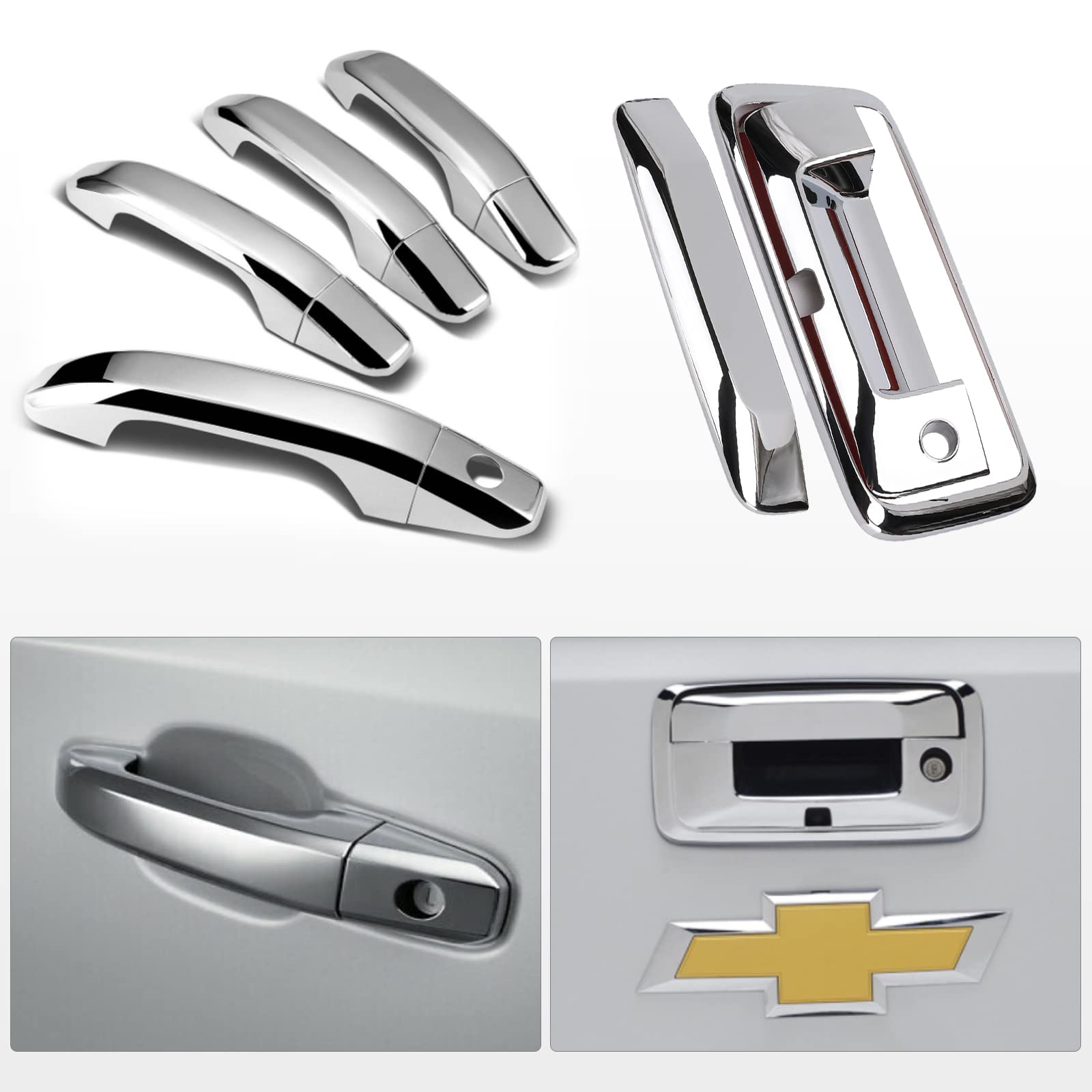 Chrome Door Handles+Top Half Mirror Covers+Tailgate Cover (with Camera Hole) Compatible with Chevrolet Silverado GMC Sierra 1500