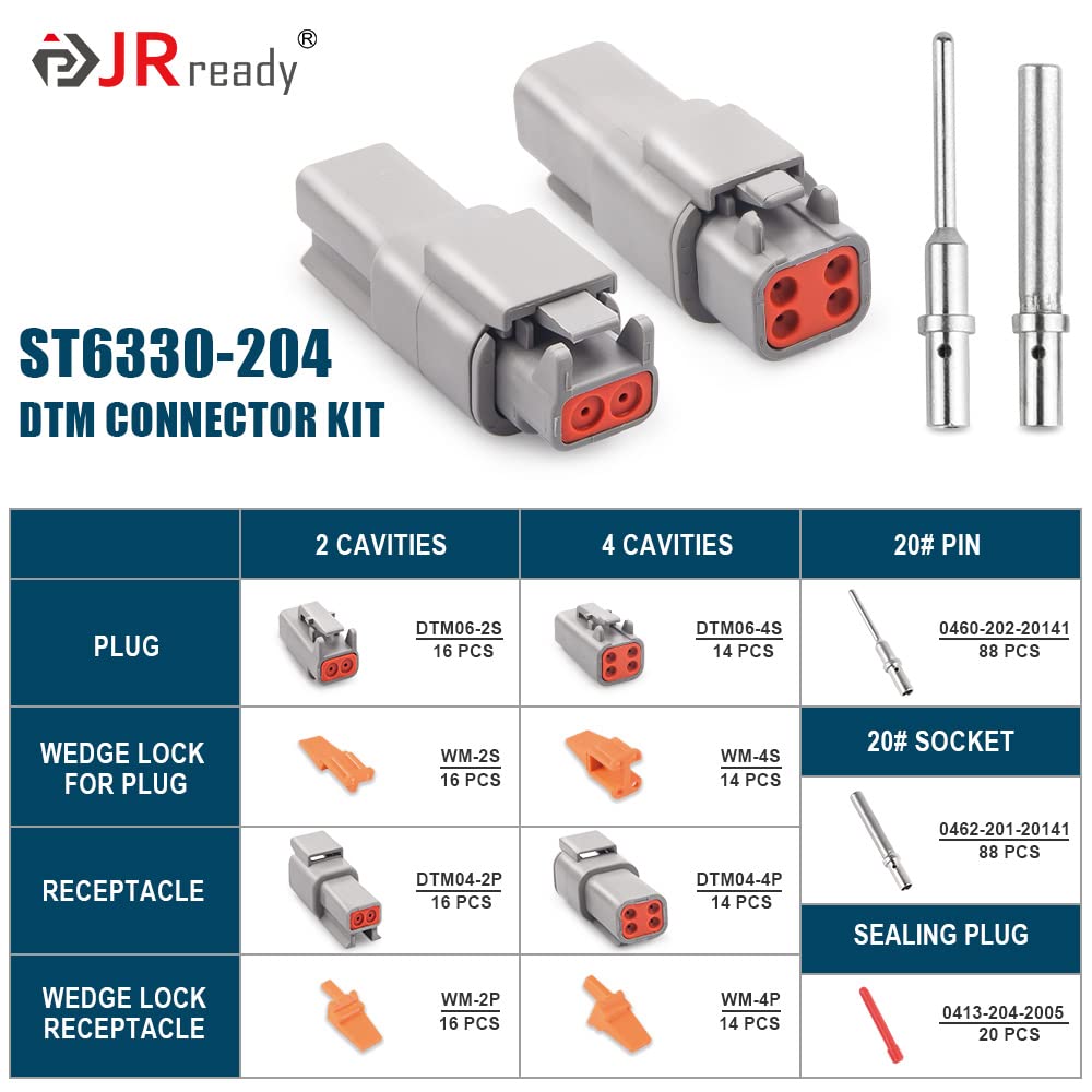 JRready DTM Connector Kits - 2 & 4 Pin Waterproof Electrical Connectors, Nylon, 16 Sets 2Pin + 14 Sets 4Pin, Size 20