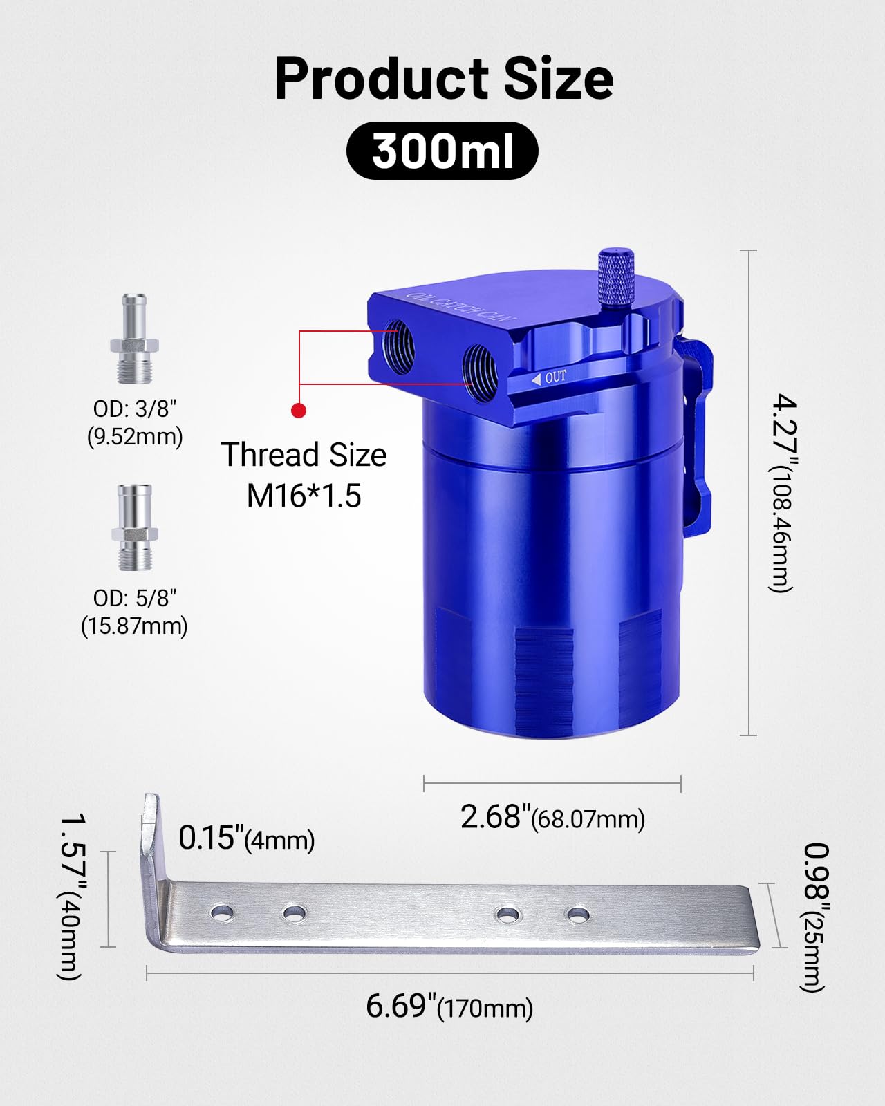 Evil Energy Oil Catch Can, 300Ml Baffled Oil Can, Universal Aluminum Air Oil Separator Breather Tank With 3/8'' Id 5Ft Nbr Fuel
