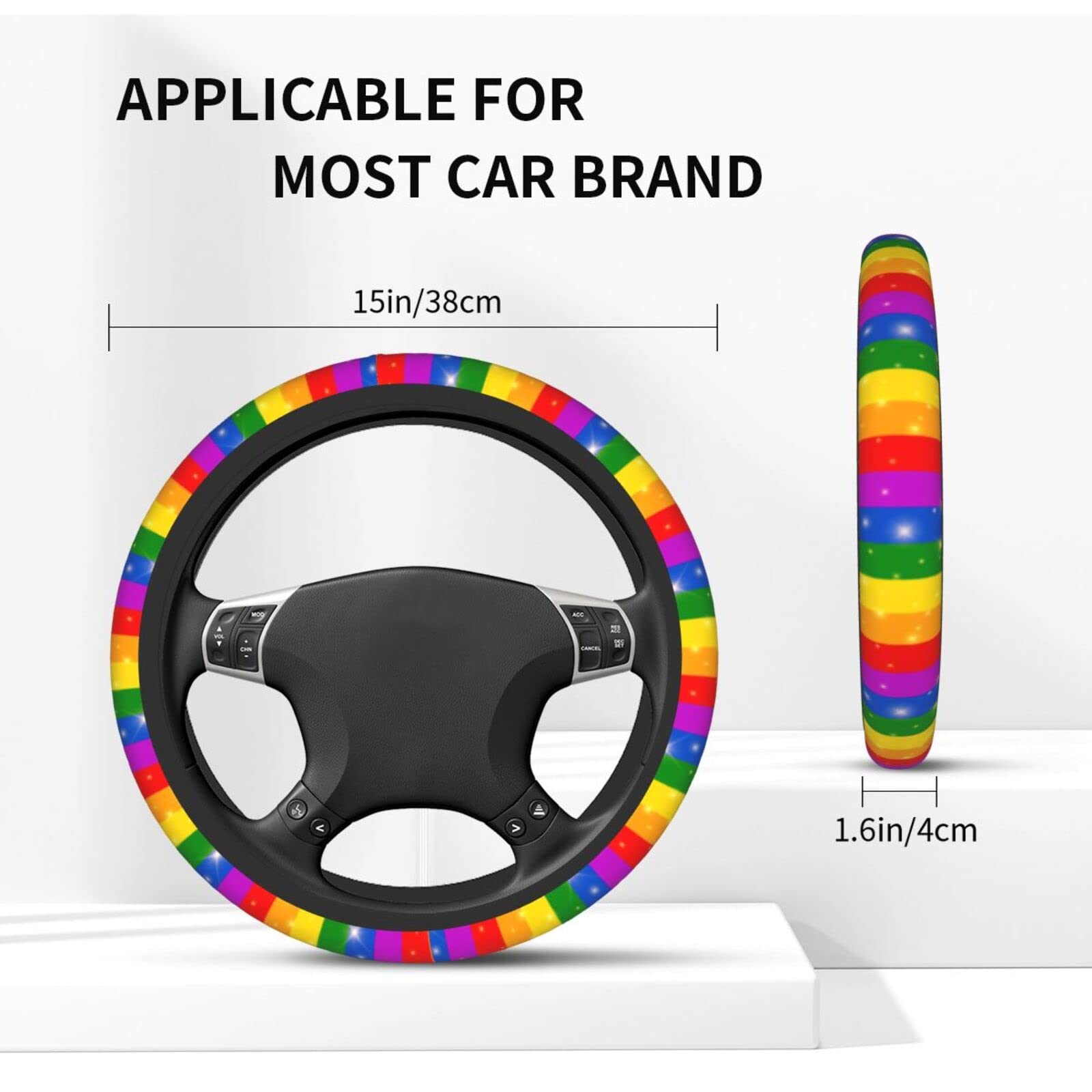 KUOAICY Neoprene Steering Wheel Cover 15" Non-Slip Black Rainbow Pride Flag Universal Protector