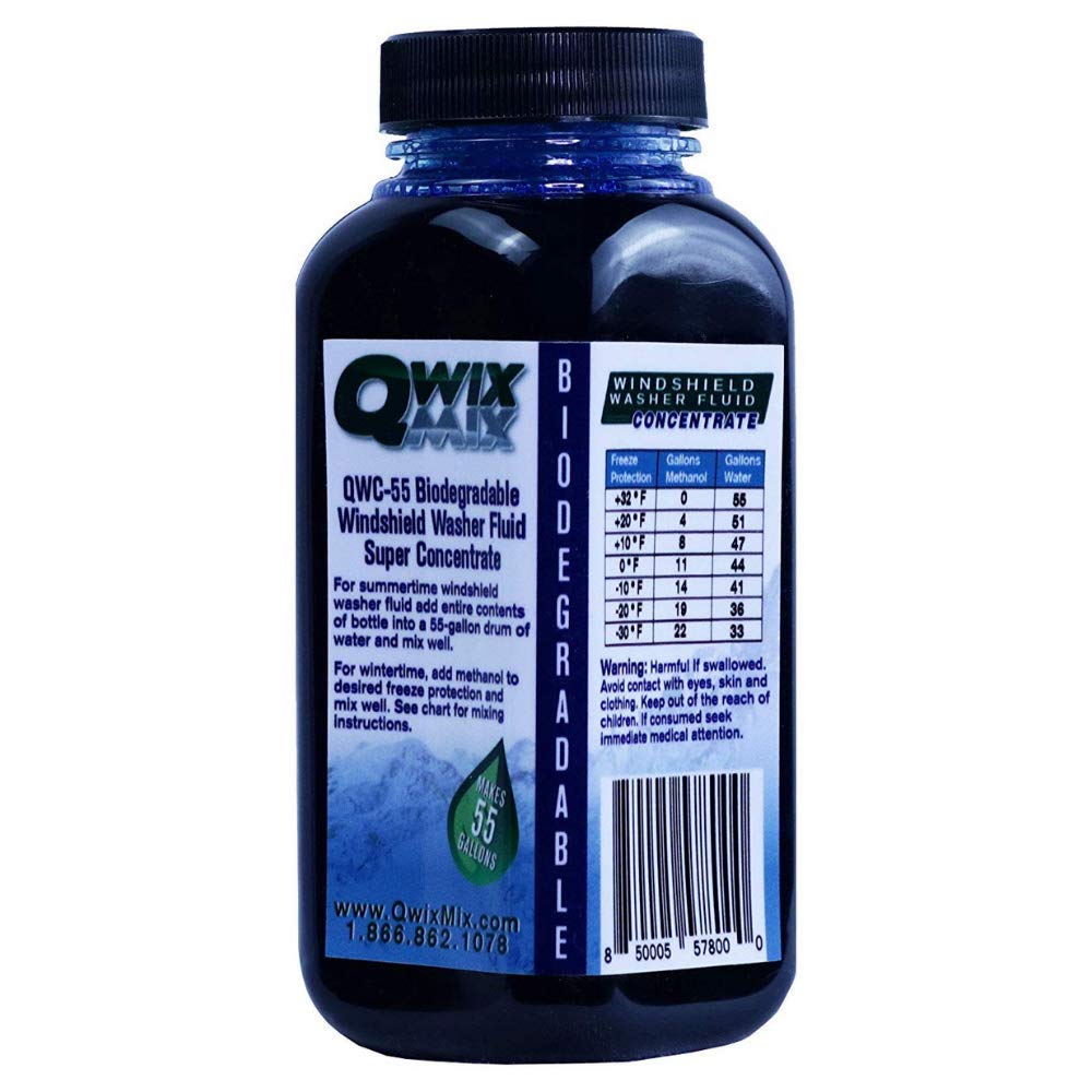 Qwix Mix Windshield Washer Fluid Concentrate, 8 oz Makes 55 Gallons, 100% Biodegradable, Deep Blue, Superior Commercial Grade Cleaner