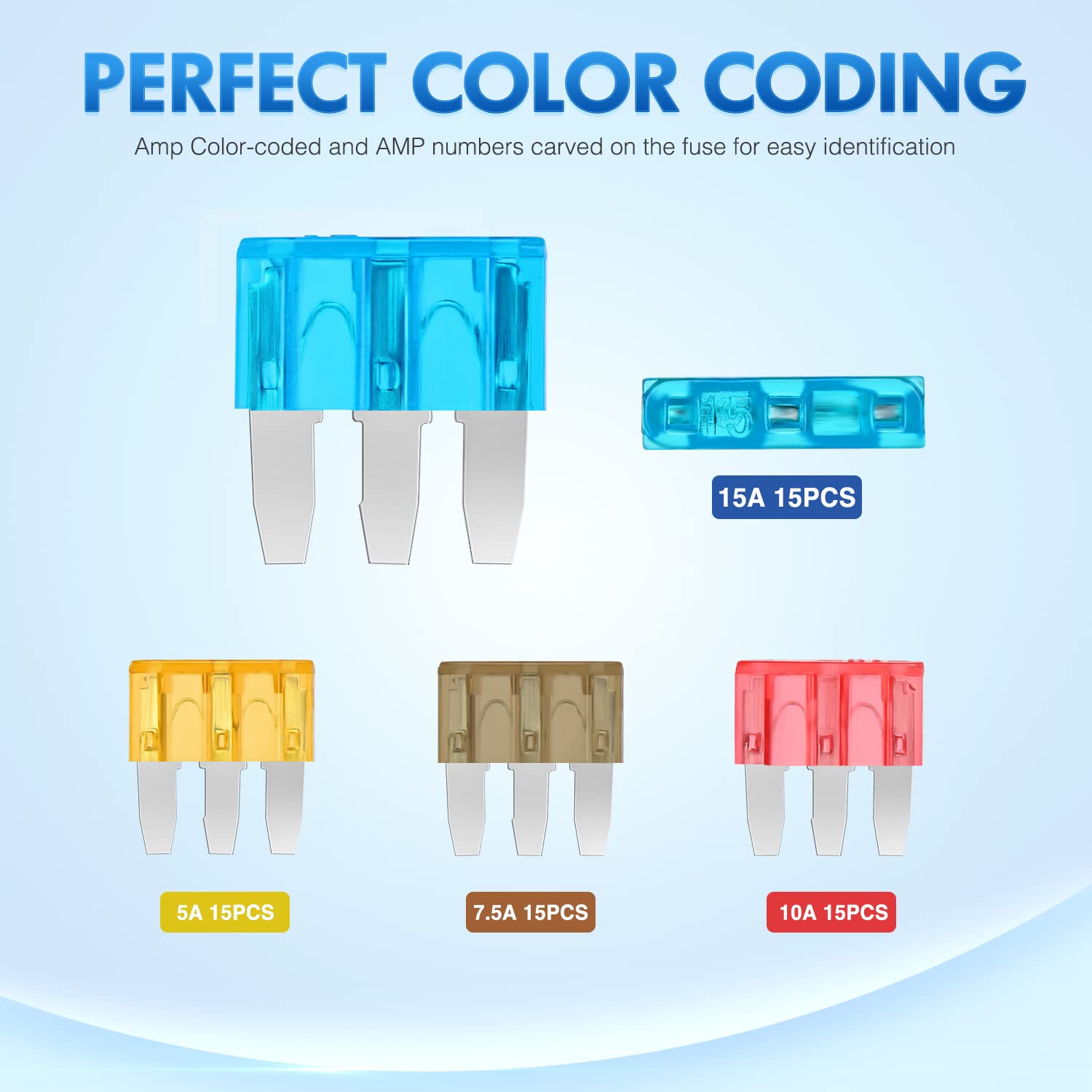 Nilight Micro3 Fuse ATL Blade Assortment Kit - 60Pcs Multicolored Car Fuses with Puller Tool, 5A-15A, Model 50105F