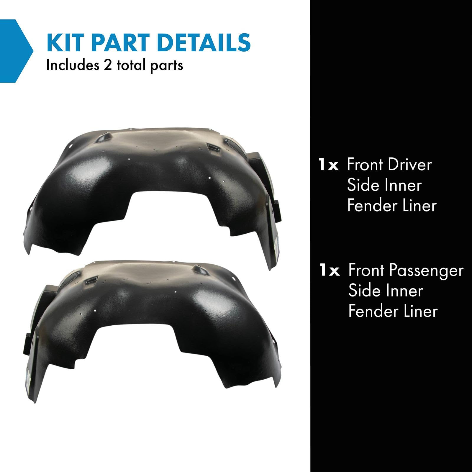 TRQ Front Inner Fender Liner Set for 2007-2013 GMC Sierra 1500, Black, Metal, Model BDA06718