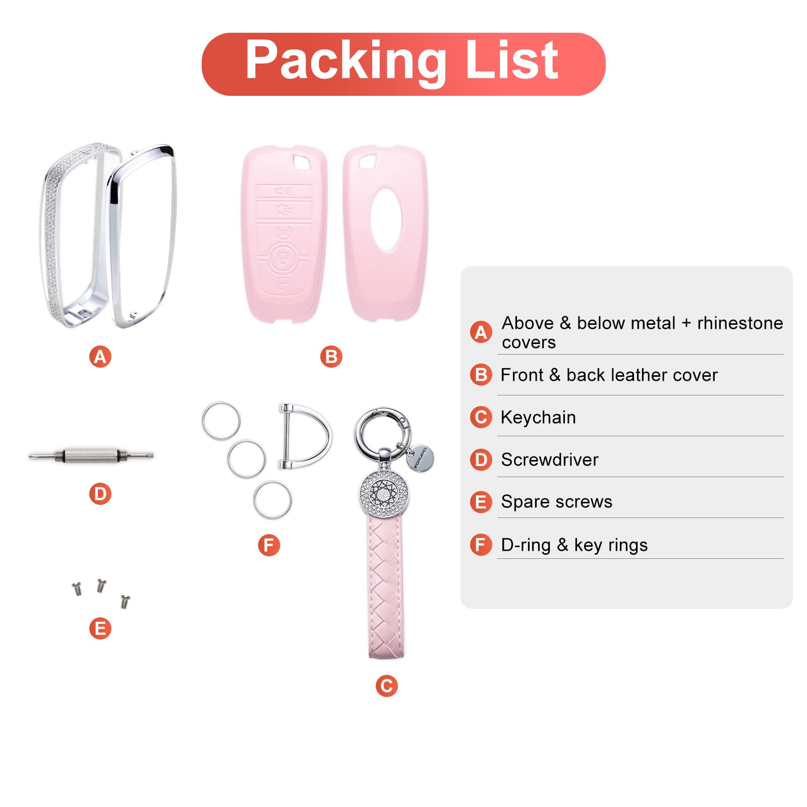 Ruabiban Compatible With Ford Key Fob Cover With Keychain, Pink Genuine Leather Crystal Key Case Protection Shell For Ford Fusio