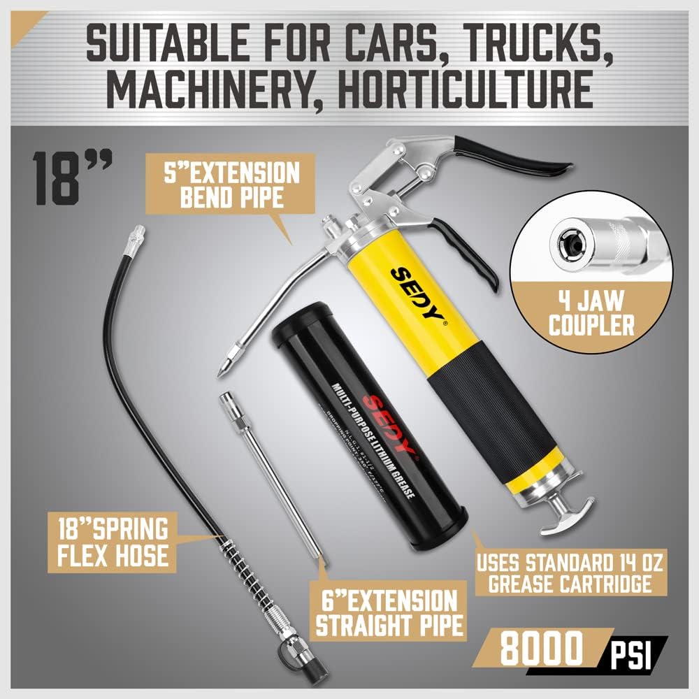 Heavy Duty Grease Gun Kit - 14Oz Free Grease Tube 8000 Psi Pistol High Pressure Flexible Hose Bearing Grease Pump Marine Durable