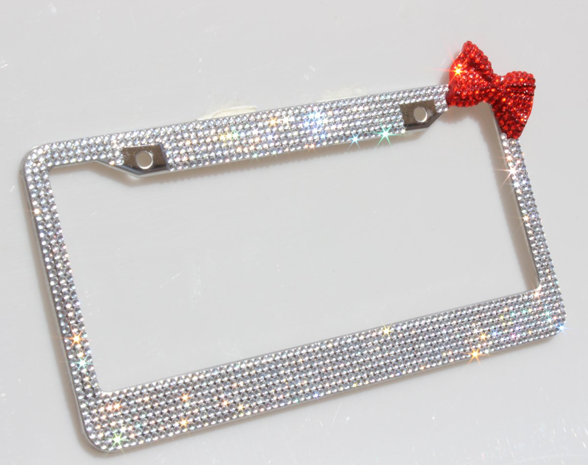 Otostar 7 Row Pure Handmade Waterproof Bling Bling Rhinestones Stainless Steel Metal License Plate Frame With 2 Holes With Match