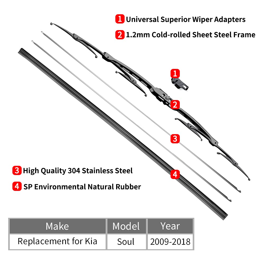 Otuayauto 24''+20'' Front Windshield Wiper Blades - Replacement For Kia Soul 2009-2018 Window Wipers - J-Hook Premium All Weathe