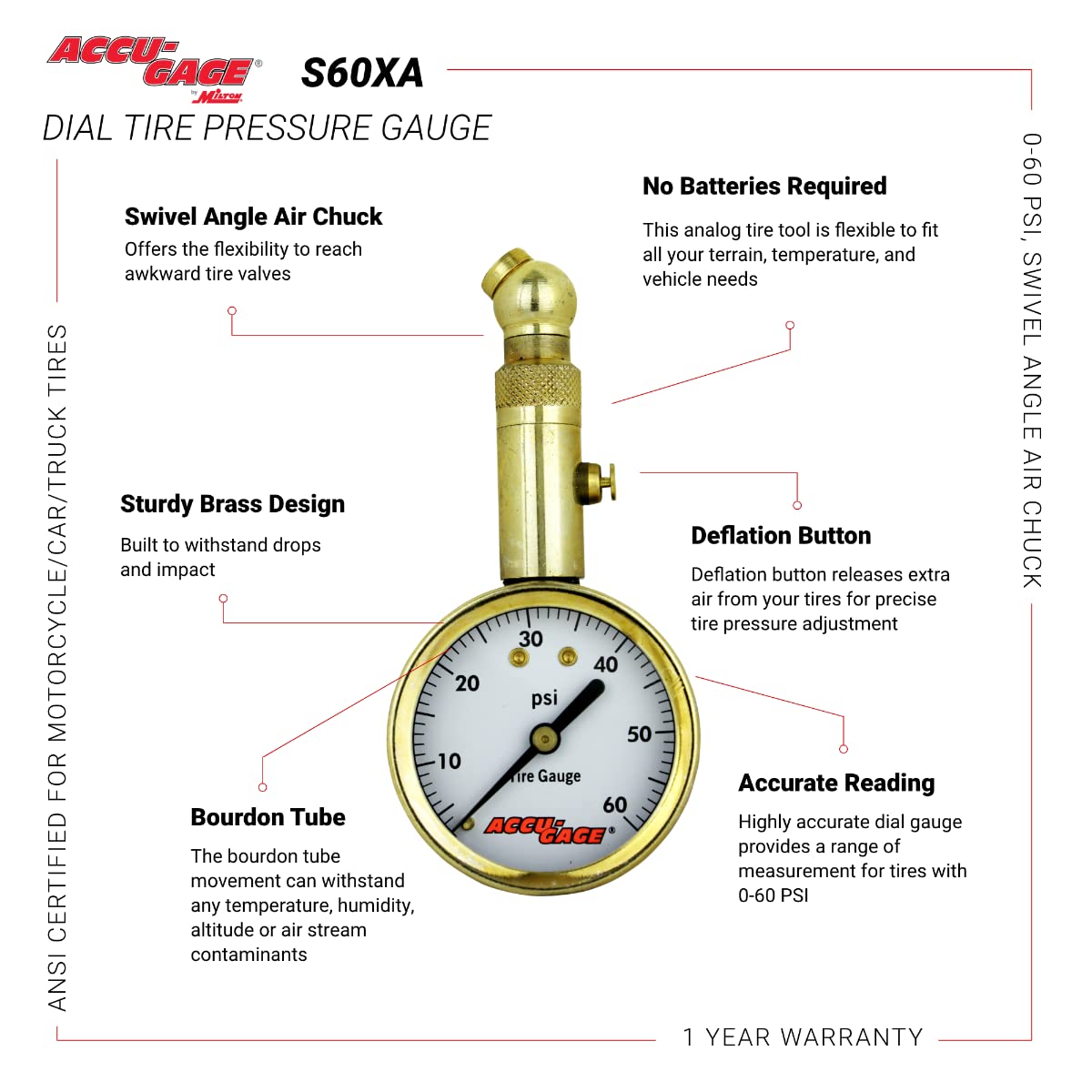 Accu-Gage Dial Tire Pressure Gauge - ANSI Certified, Swivel Angle Air Chuck, Steel/Brass, 0-60 PSI, Ideal for Motorcycle/Car/Truck Tires