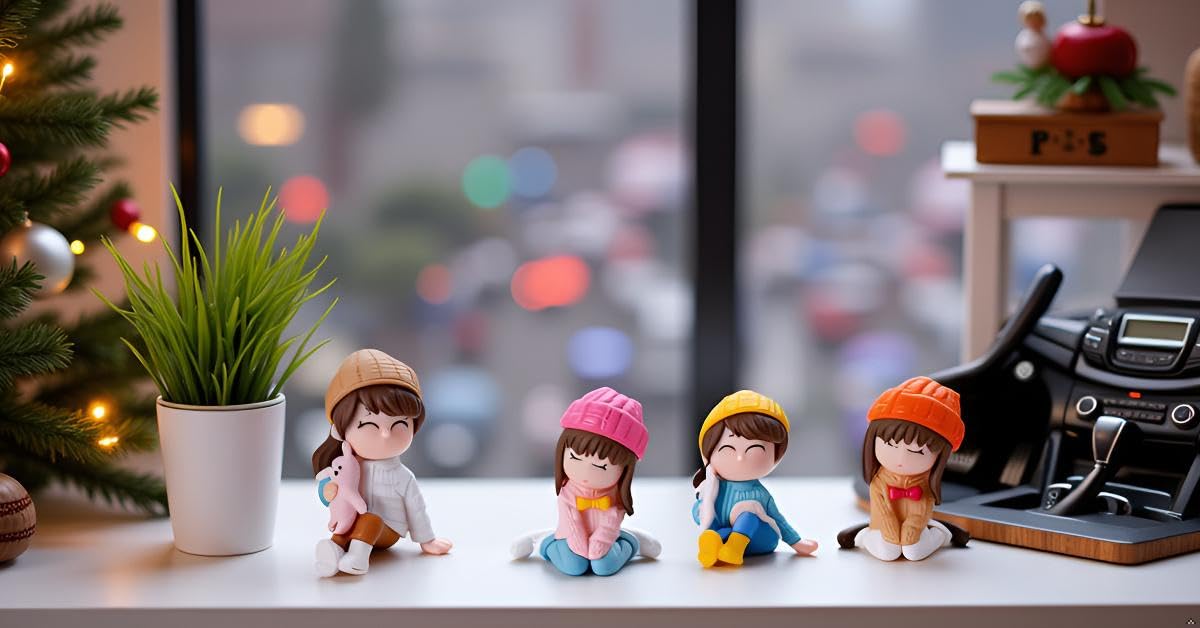 Spiaty Pvc Cute Winter Doll Figurines Set, Car Dashboard, Home And Office Decorations, Festive Decor With Colourful Knit Caps, 4