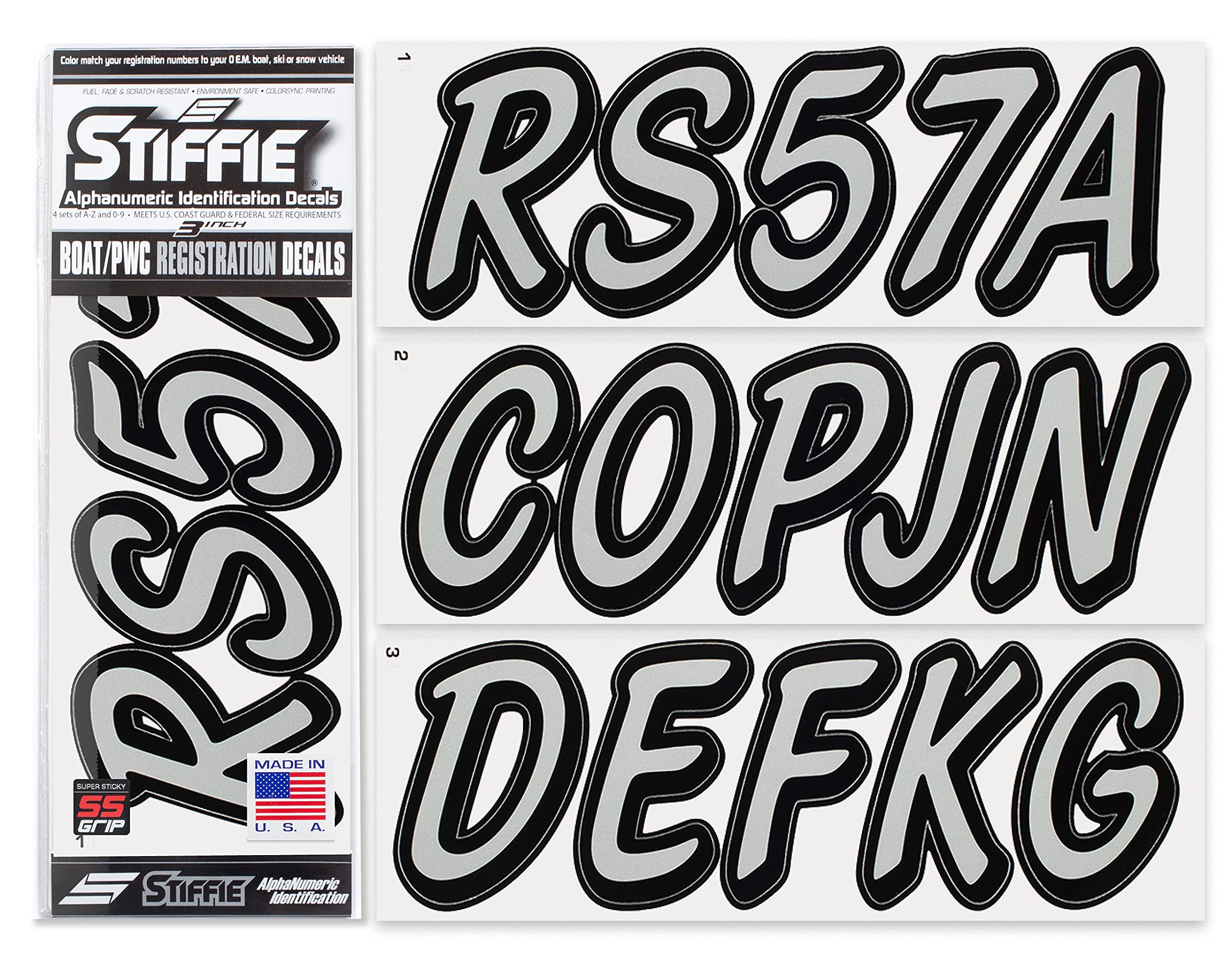 Whipline Solid Silver/Black 3 Alpha-Numeric Registration Identification Numbers Stickers Decals For Boats & Personal Watercraft