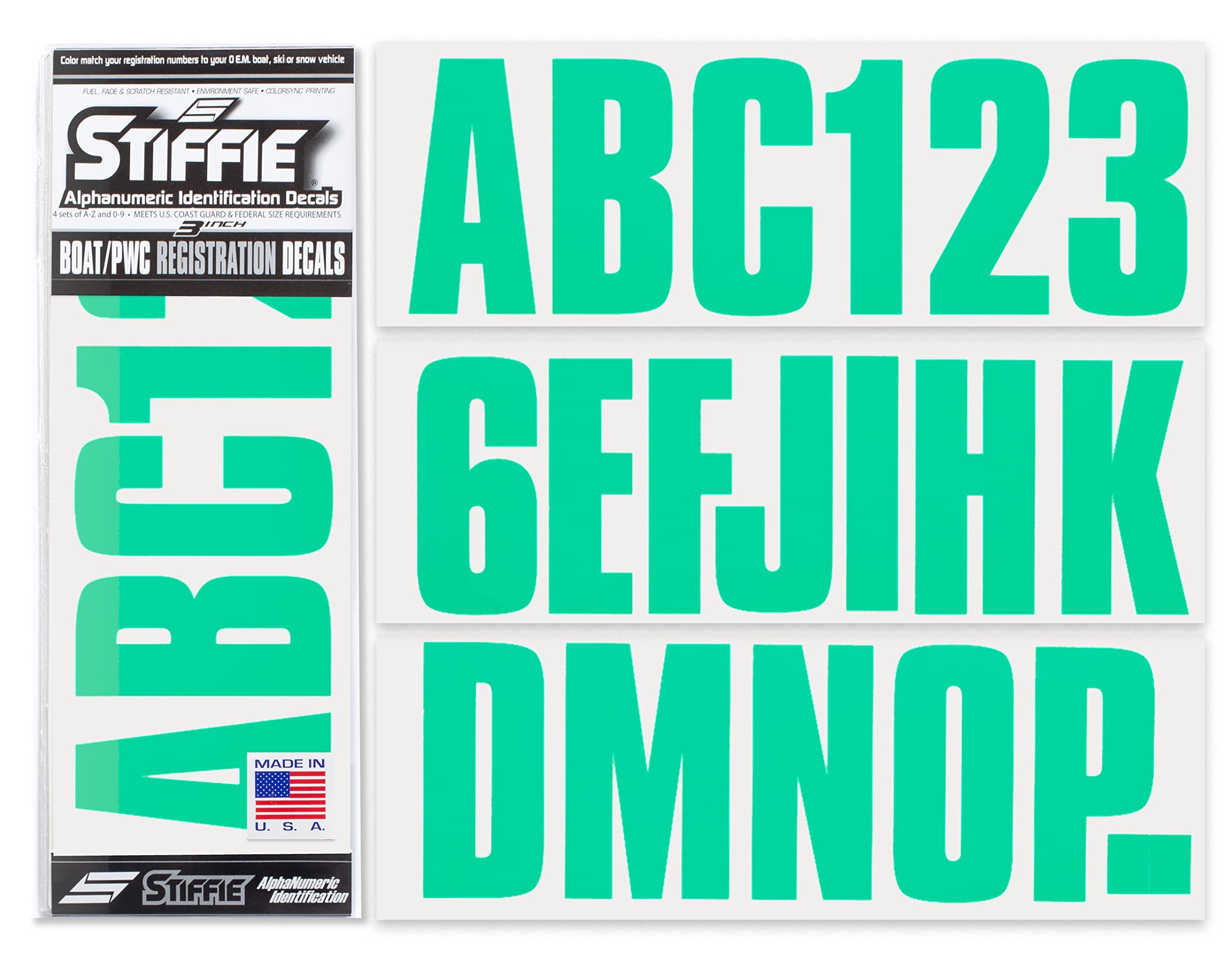 Stiffie Uniline Seafoam Green 3 Alpha-Numeric Registration Identification Numbers Stickers Decals For Boats & Personal Watercraft