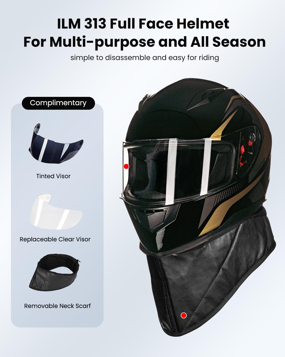 Ilm Full Face Motorcycle Street Bike Helmet With Removable Winter Neck Scarf + 2 Visors Dot Model-Jk313 (Xl, Golden)