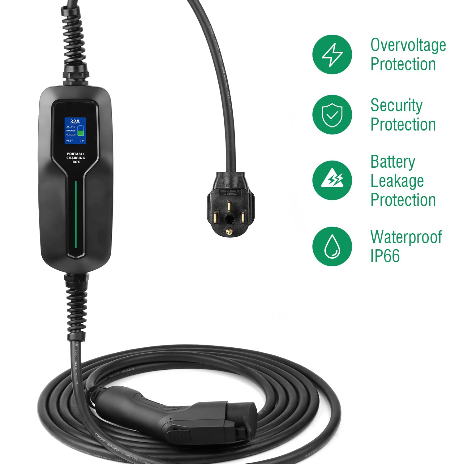 LEFANEV 32 Amp Portable EV Charger Level 2, NEMA 14-50, 20ft, Black, Model PCD041-32A-NEMA14-50