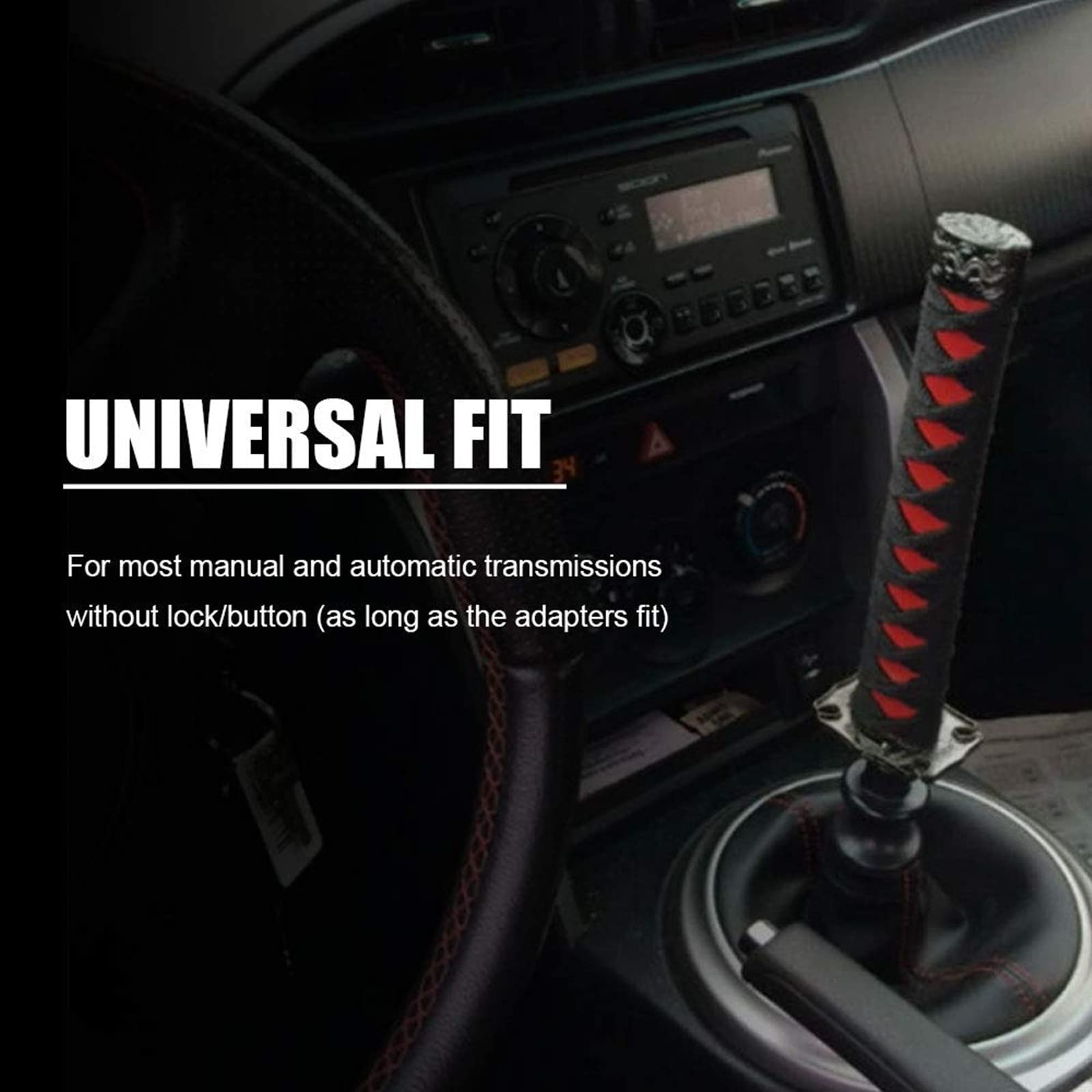 RYANSTAR Katana Shift Knob - Samurai Sword Gear Shifter, Black+Red, Wood Metal Silk, Model SK095, with 4 Adapters for Manual/Automatic Cars
