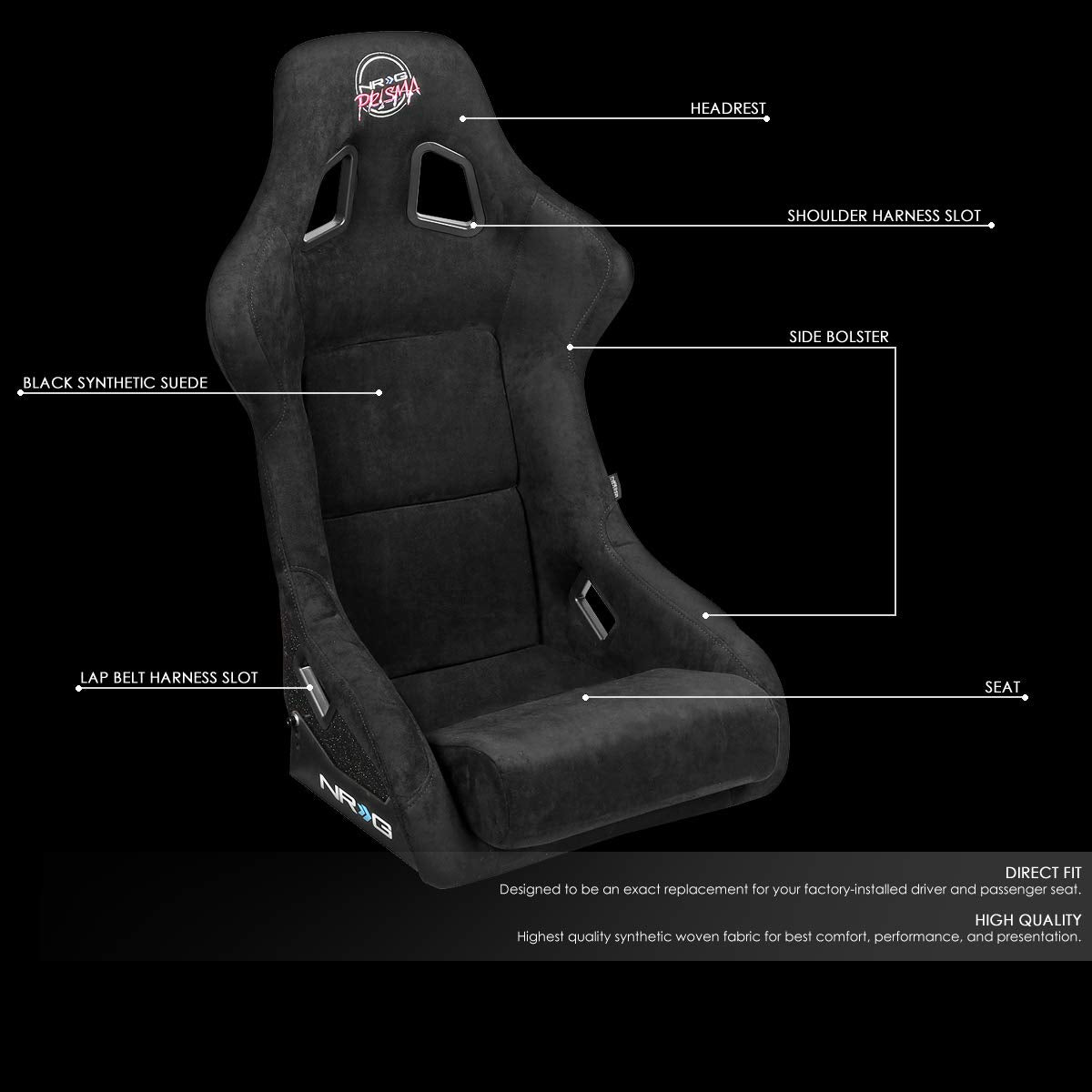 NRG Innovations NRG-FRP-302BK Fixed Back Racing Seat, Fiberglass, 24"W x 35"H x 18"D, Black Alcantara, 4pt Harness Compatible