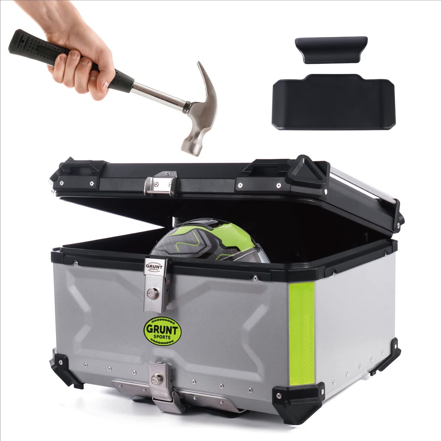 GRUNT SPORTS 65L Motorcycle Tail Box Top Case - Scooter Universal Storage Trunk - Waterproof Aluminum Luggage Tour Helmet Box wi