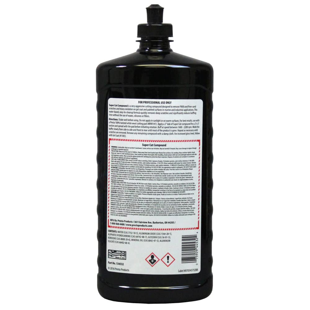 Presta Super Cut Compound - Removes P800 Grit, Heavy Scratches & Oxidation - 32 Oz. - Fiberglass - Model 134532