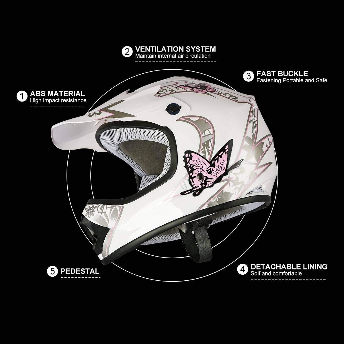 SLMOTO Youth Motocross Helmet, X-Large, Pink Butterfly Design, ABS Material with Goggles & Gloves