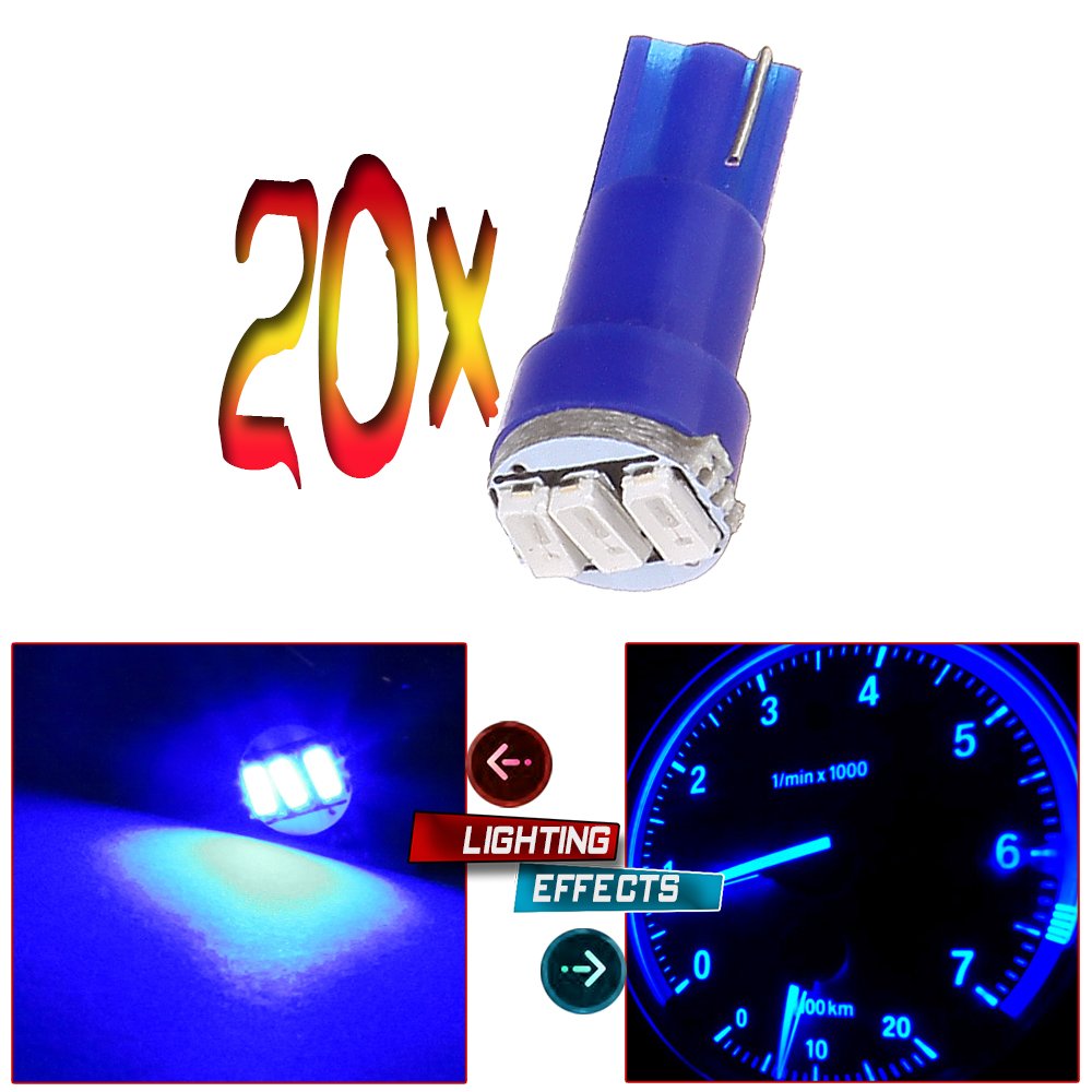 Cciyu 20 Pack Blue T5 3-3014 Smd Wedge Led Light Bulbs 74 17 18 37 70 73 2721 Replacement Fit For Instrumental Cluster Gauge Das