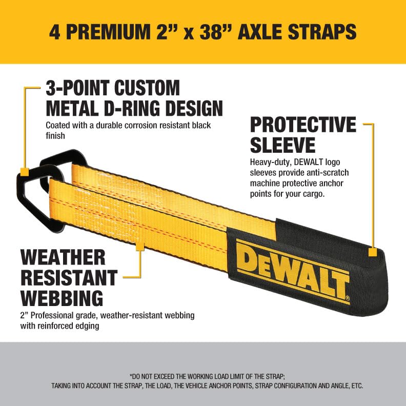 DEWALT Premium Axle Tie Down Strap Kit, 2" x 38", 12,000 lb Break Strength, Black/Yellow, Model DXBC80005, Heavy Duty, 4