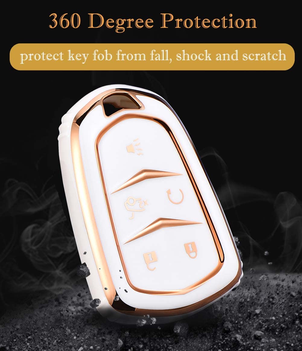 Cacacar For Cadillac Key Fob Cover With Keychain, For Cadillac Escalade Ats Cts Ct6 Sts Srx Xt5 Key Fob Case Premium Soft Tpu Full Protection Smart Key Holder (B-Ivory)