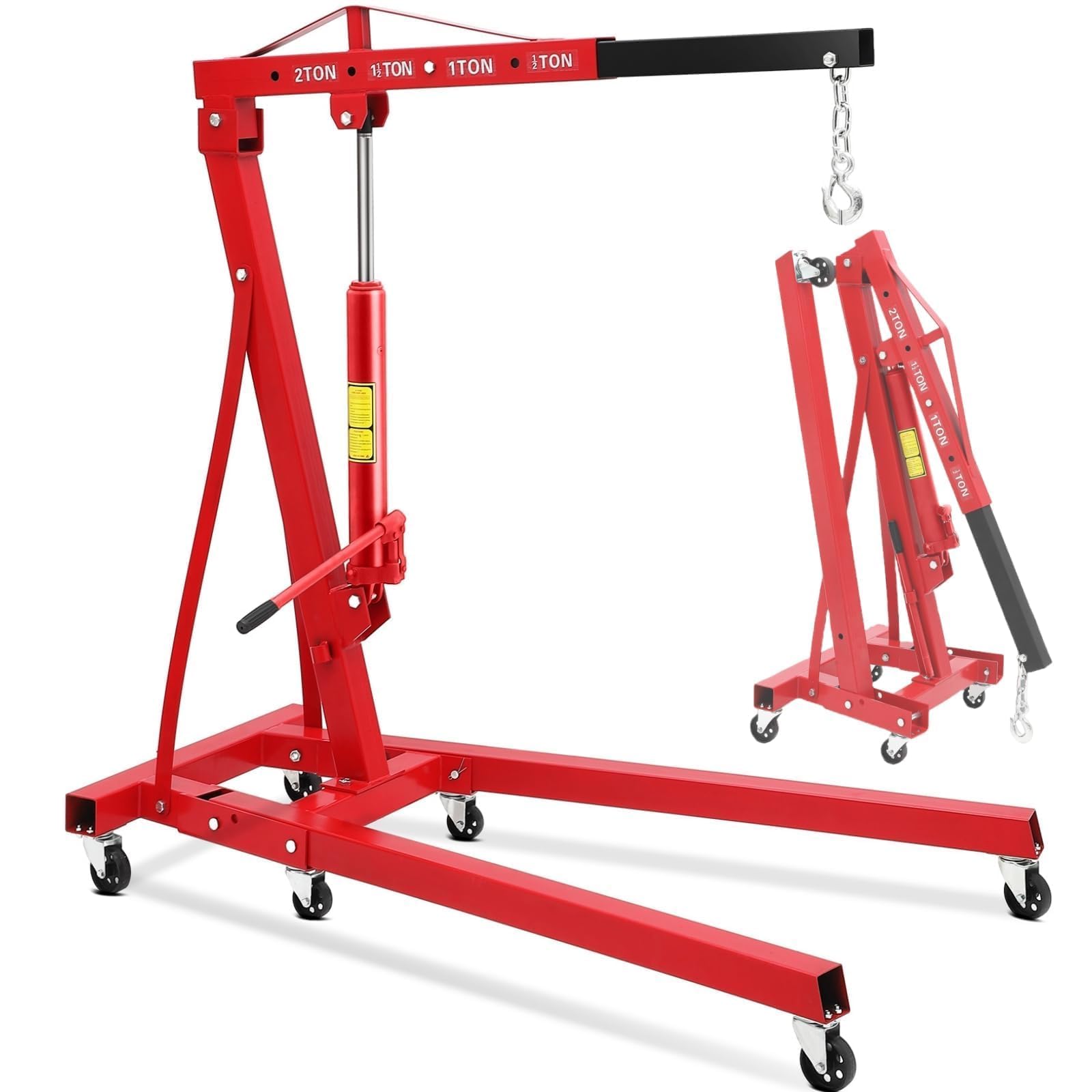 Foldable Engine Hoist, 2 Ton (4000 LB) Hydraulic Cherry Picker, Steel Mobile Load Lifter with 6 Wheels and Telescopic Boom, for 