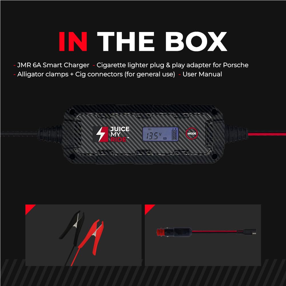 Juice My Ride JMR Battery Charger for Porsche 911, Panamera, Cayenne, Macan, Cayman, 718, Boxster - 12V Cig Port, No Lithium Mode