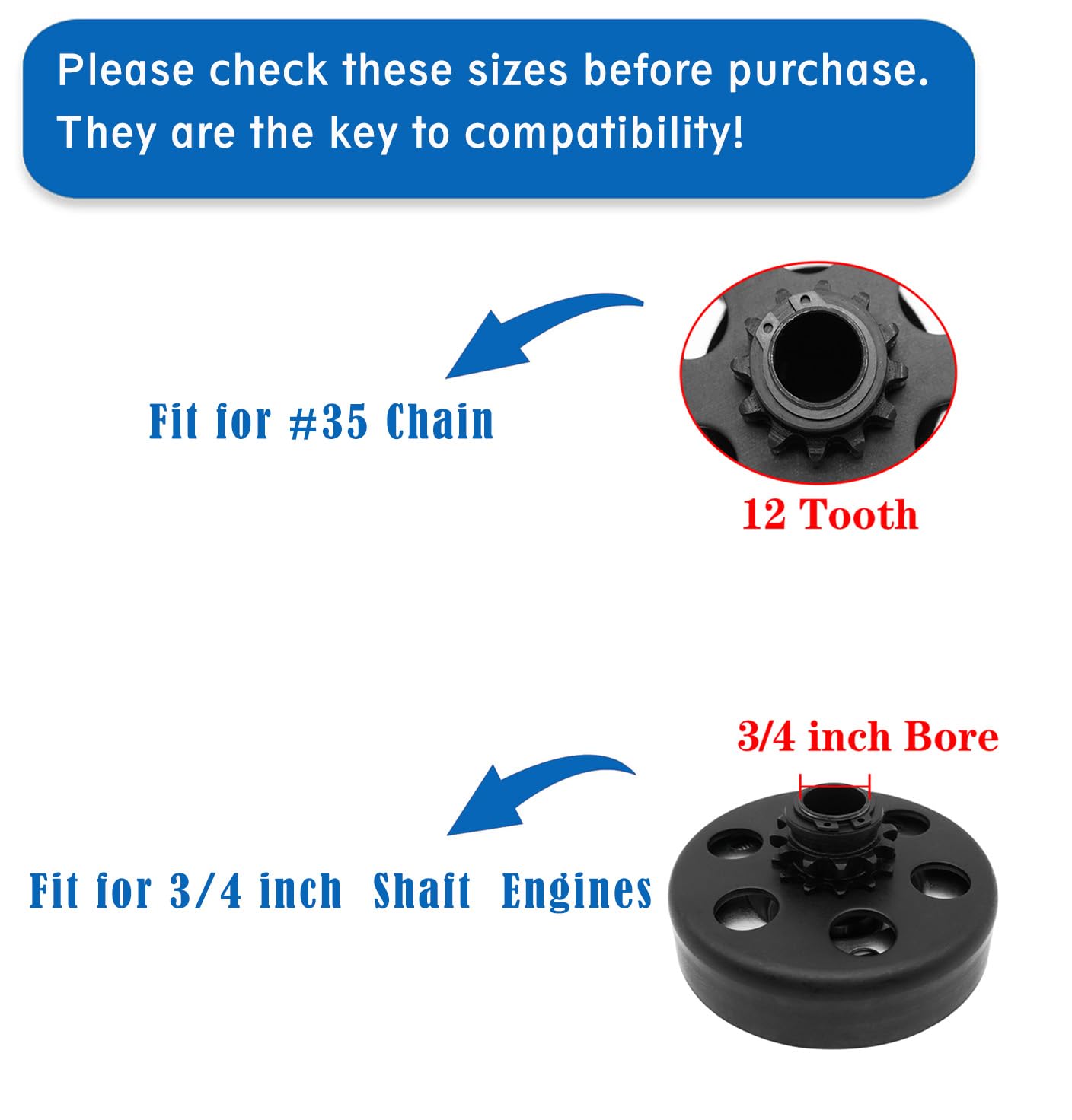GYMMEDS Centrifugal Clutch 3/4" Bore 12 Tooth for #35 Chain - Steel, Fits 212cc Predator, Honda GC/GX, Includes Bolt & Washer Kit