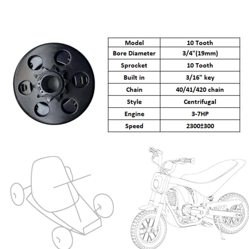 QYMOTO 10 Tooth Centrifugal Clutch for Mini Bike & Go Kart - 3/4" Bore, Compatible with Predator 212, Coleman CT200U, BT200X, Baja
