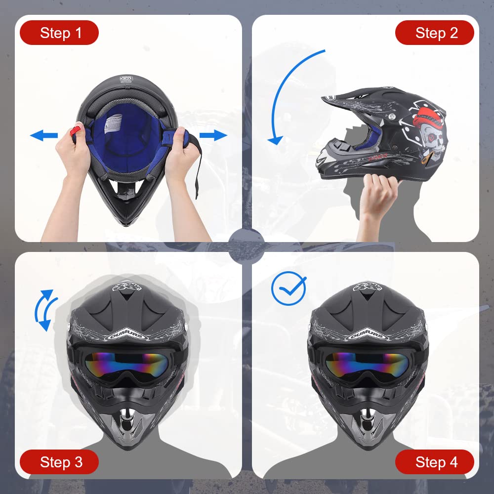 Oumurs Adult Dirt Bike Helmet with Goggles, Gloves & Mask - Small, Plastic, New Black Skull Design, DOT Approved for ATV & Motocross