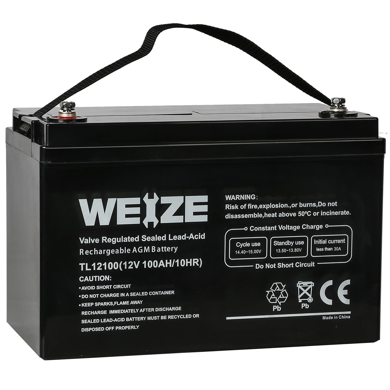 WEIZE 12V 100Ah Deep Cycle AGM Battery - Maintenance-Free, 1150A Max Discharge, Ideal for RV, Solar, Marine, and Off-Grid Systems
