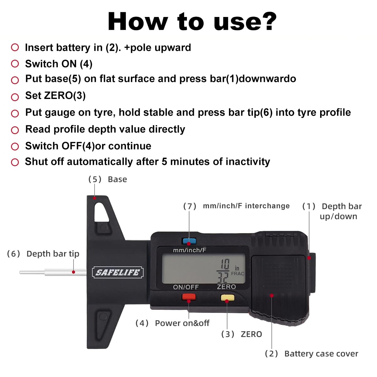 SAFELIFE Digital Tire Tread Depth Gauge - 3 Modes, Black, Model GL-1707, Accurate Measurement for Cars, Trucks, Motorcycles