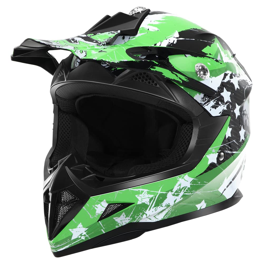 YEMA Motocross Youth Helmet - DOT Approved, Large (51-52CM), Glossy Green, ABS Material, Model YM-211 for Boys & Girls