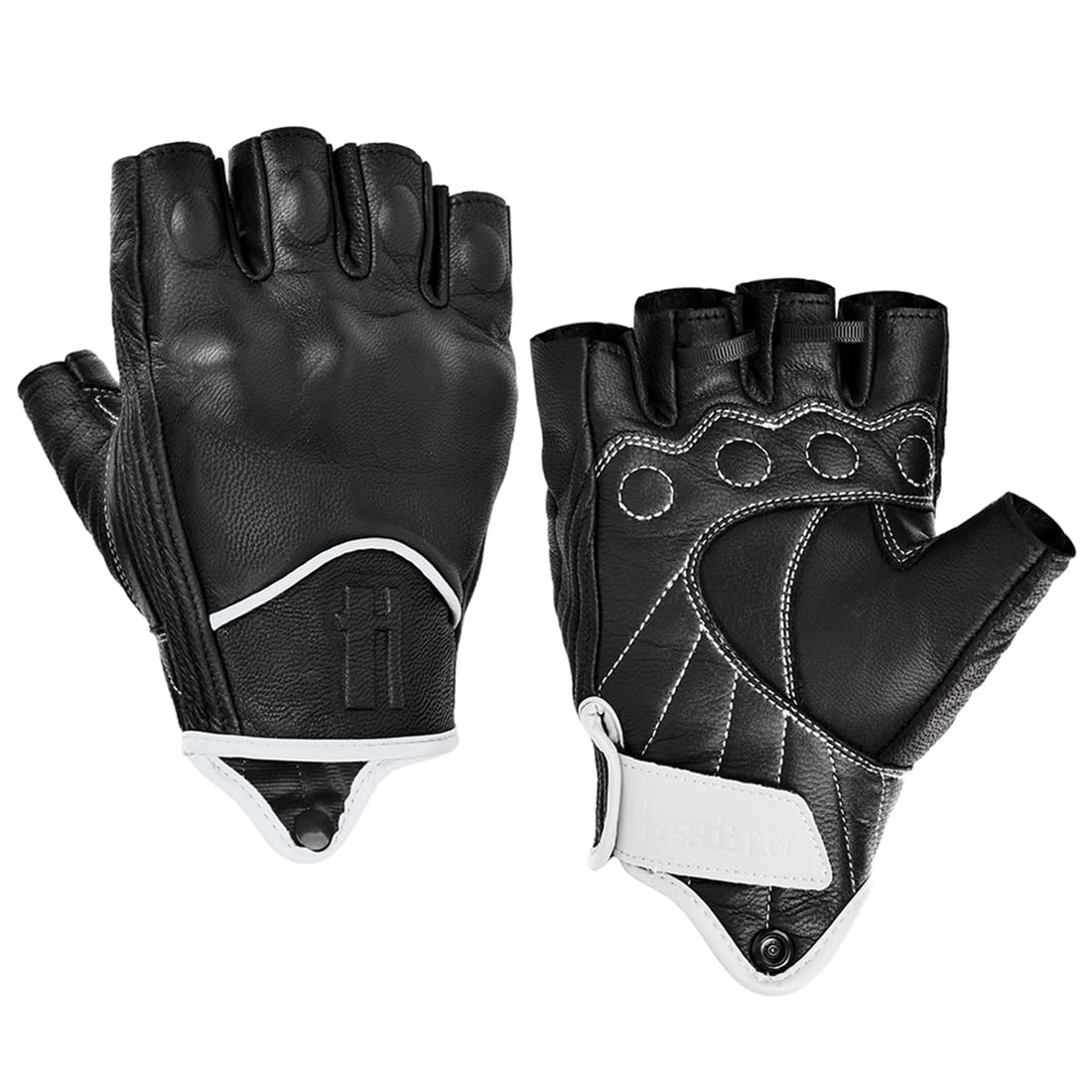 Harssidanzar Fingerless Motorcycle Gloves For Mens Leather Riding Driving Half Finger Gloves Gm037, Black/White, Size X-Large