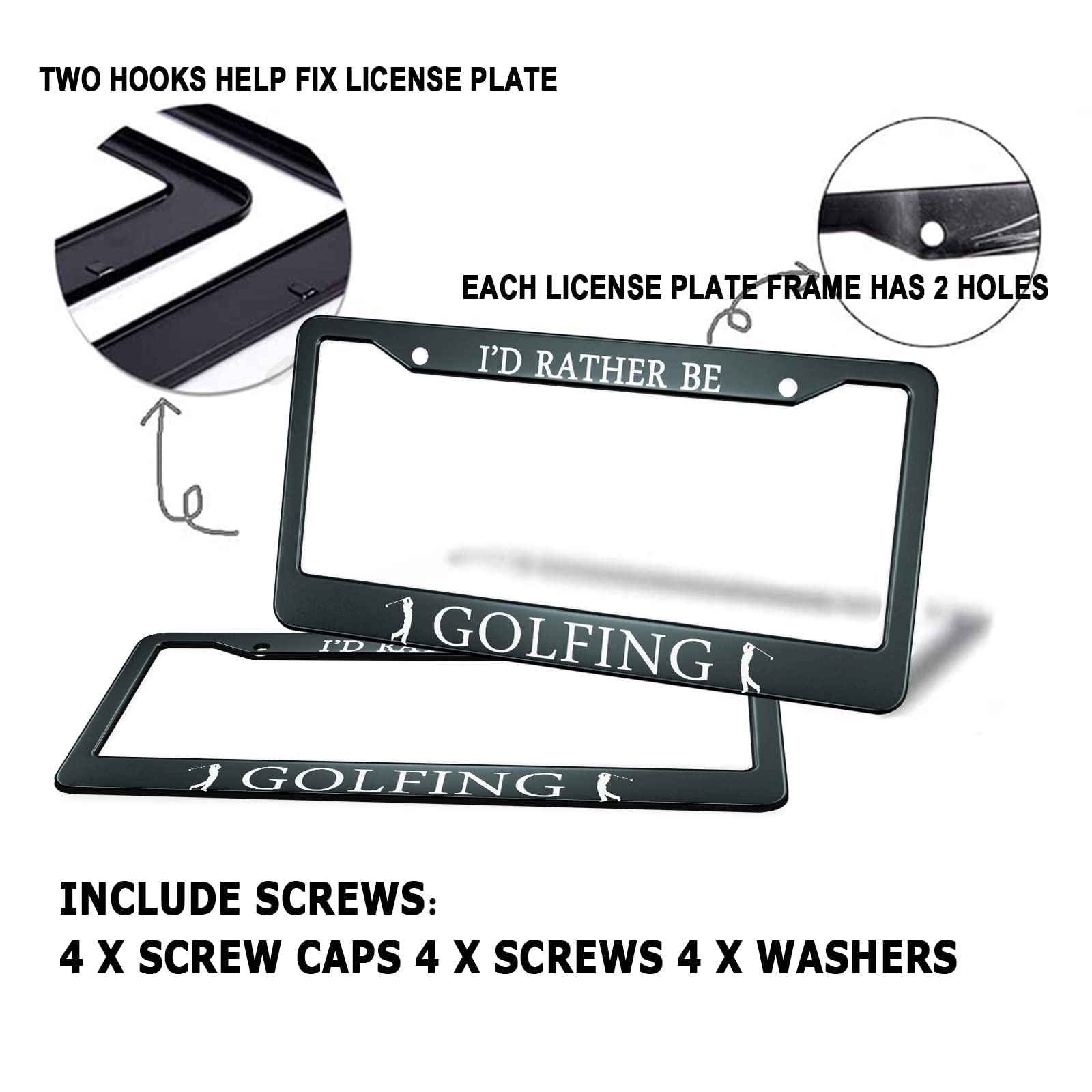 Hosnye I'D Rather Be Golfing License Plate Frame Black 2 Pcs Playing Golf Lovers Metal Cute Licenses Plates Frames Licenses Plat