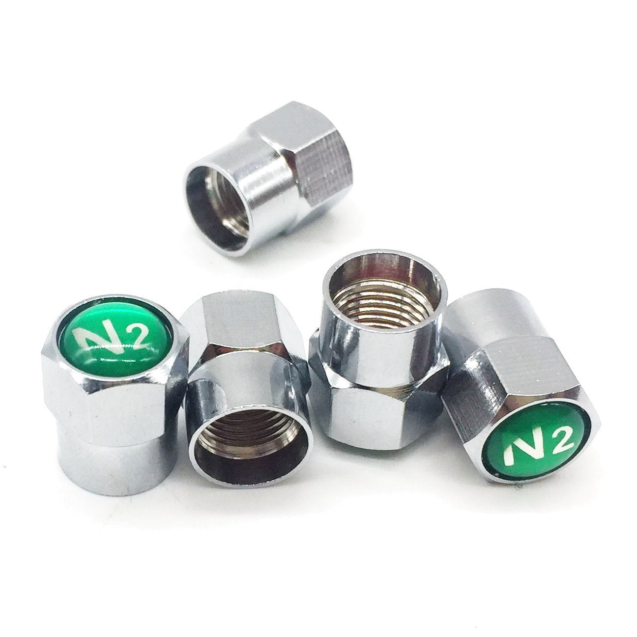 Godeson Chrome Plated Brass Tire Valve Stem Caps N2 Nitrogen Sign Logo On The Top, 5 Pcs/Set (Additional 1Pcs Spare).