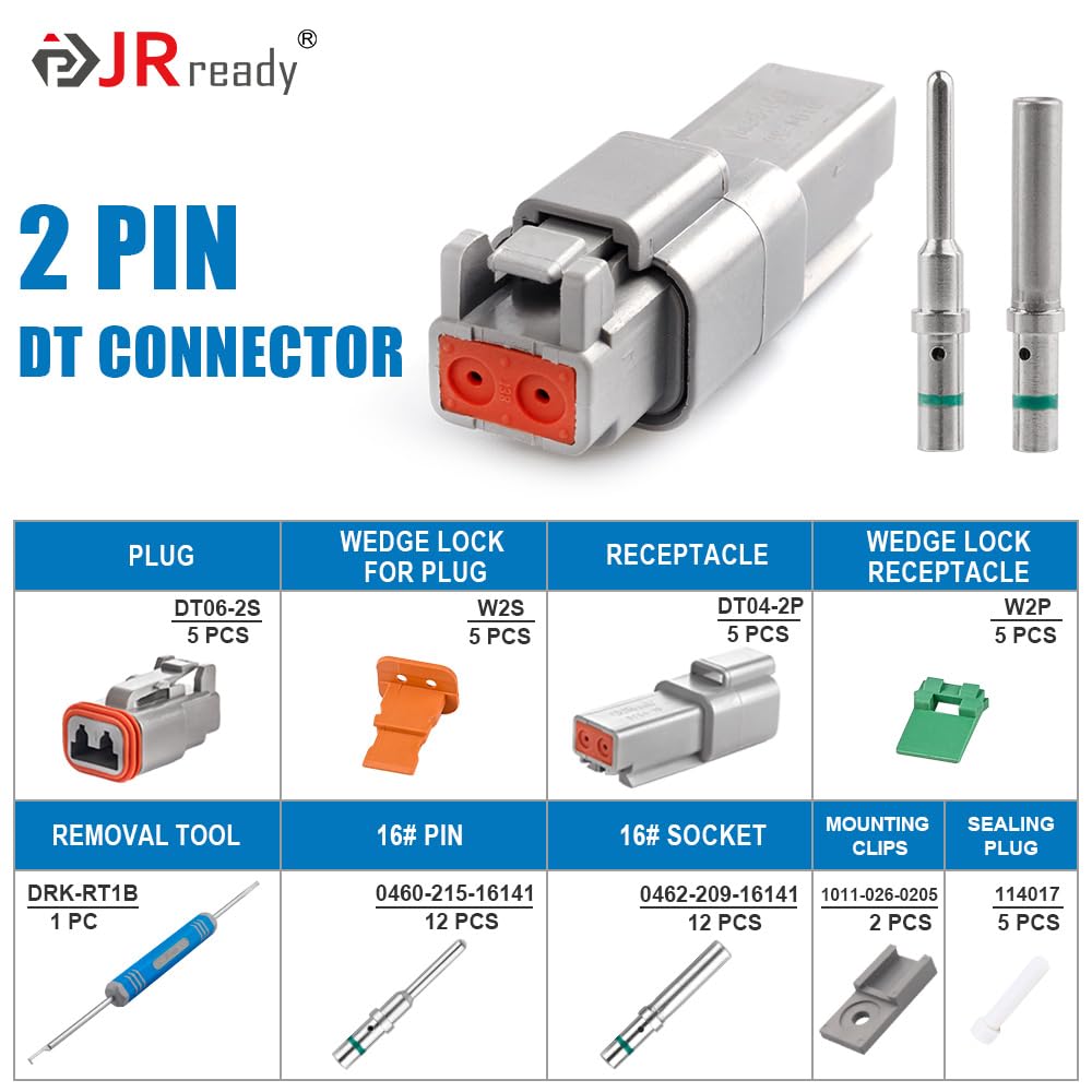 JRready Deutsch Connector 2 Pin Connector Kits with 16 Solid Contacts(14-20AWG),ST6328-2 DT Series Waterproof Connector 2 Pin 5