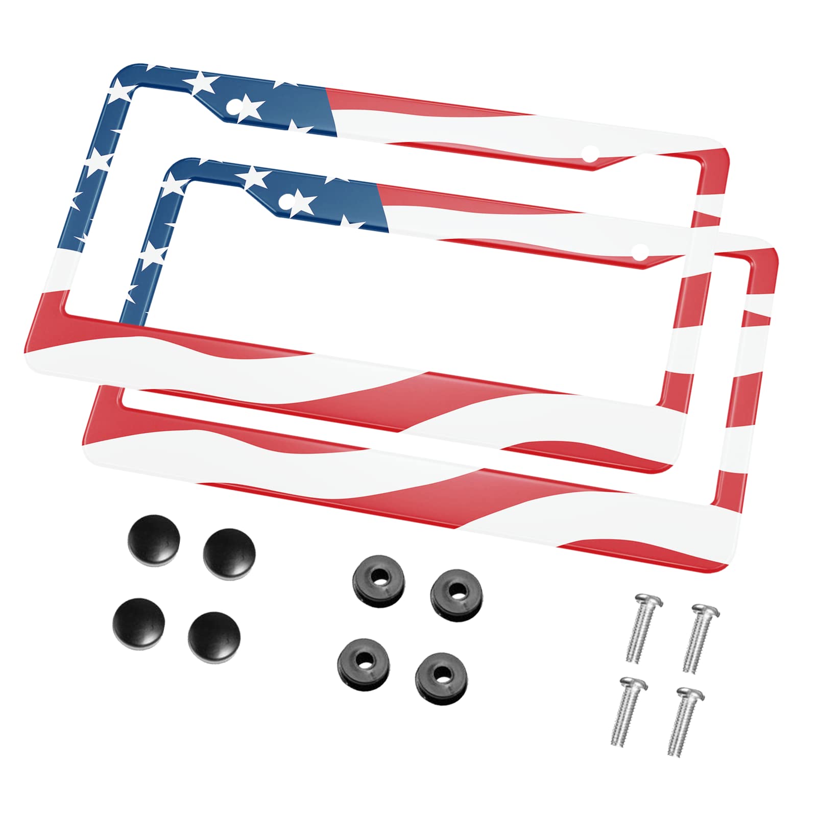 HOSNYE The American Flag License Plate Frame Black 2 Pcs Waving in The Wind Metal Cute Licenses Plates Frames Licenses Plate Cov