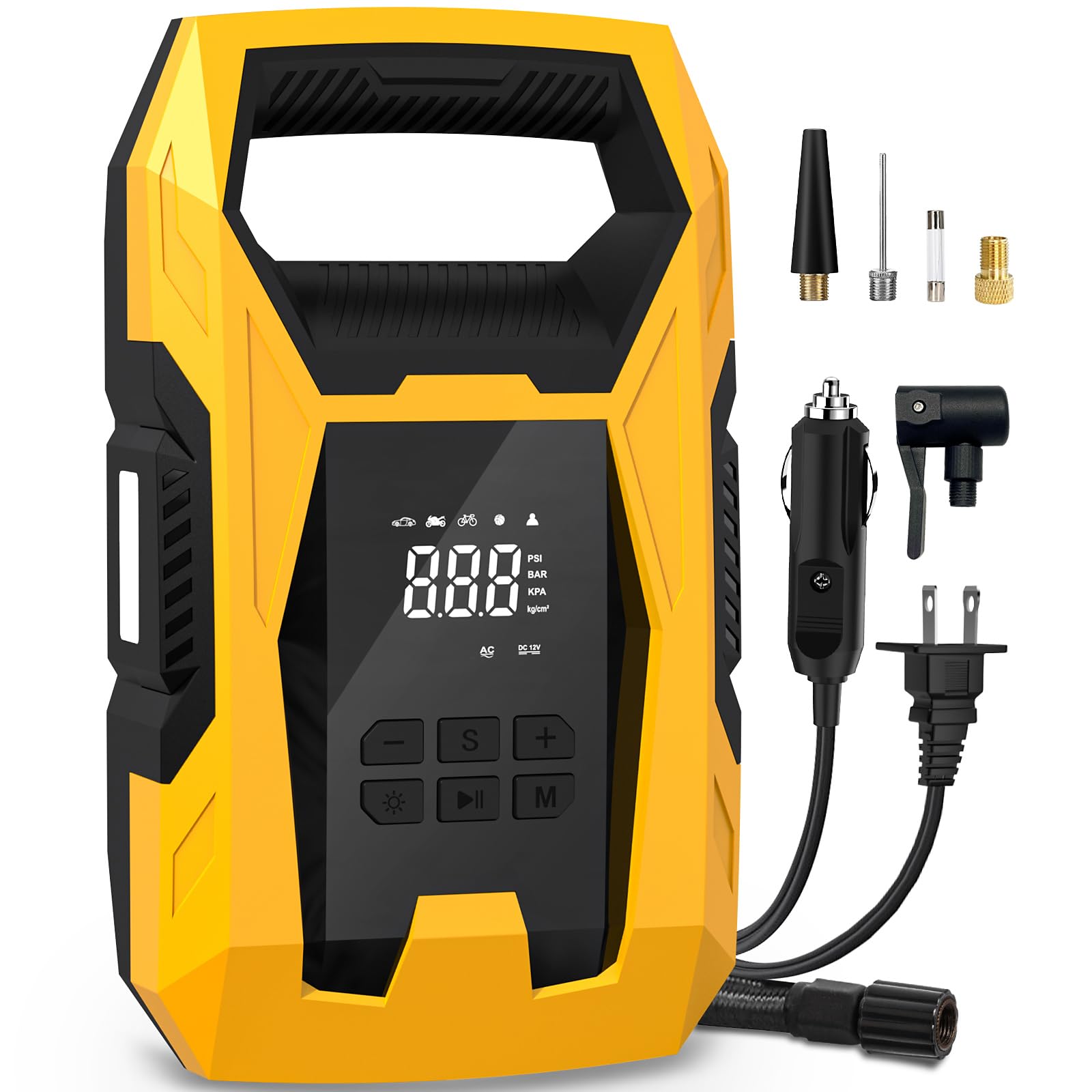 CARSUN AC/DC Tire Inflator Portable Air Compressor, Dual Power for Home 110V AC and Car 12V DC Air Pump with Pressure Gauge, Auto Shutoff, Tire Pump for Car Motorcycle Bicycle and Other Inflatables -Like New