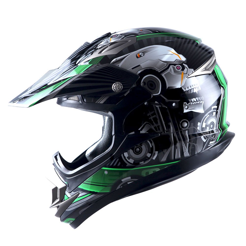 1Storm Adult Motocross Helmet Off Road Mx Bmx Atv Dirt Bike Mechanic + Motorcycle Bluetooth Headset: Skull Green