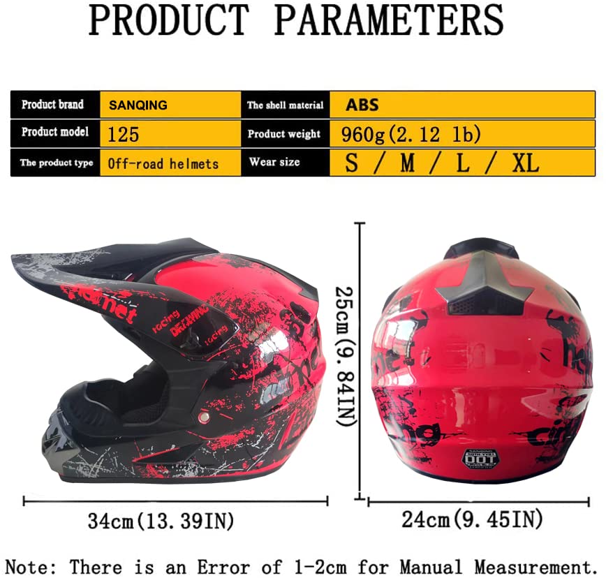 SanQing Youth Dirt Bike Helmet, DOT Approved, ABS Material, Large, Red, Model MR-TKSH24, Includes Goggles and Gloves