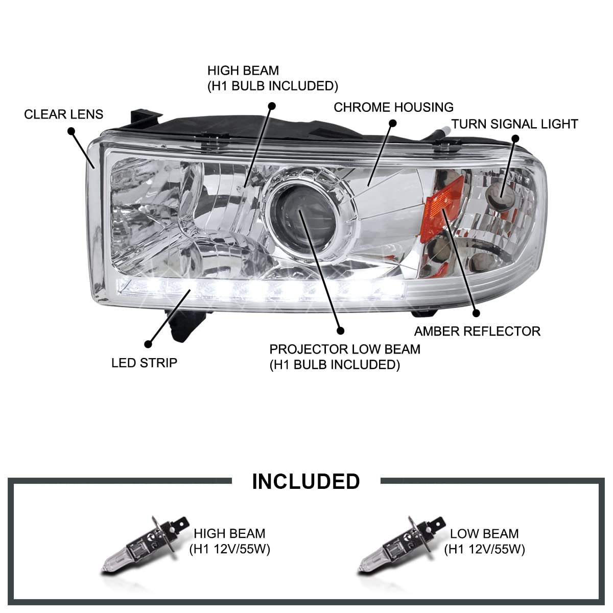 Spec-D Tuning LED Projector Headlights Chrome Compatible with 1994-2001 Dodge Ram 1500, 1994-2002 Dodge Ram 2500/3500, Left + Ri