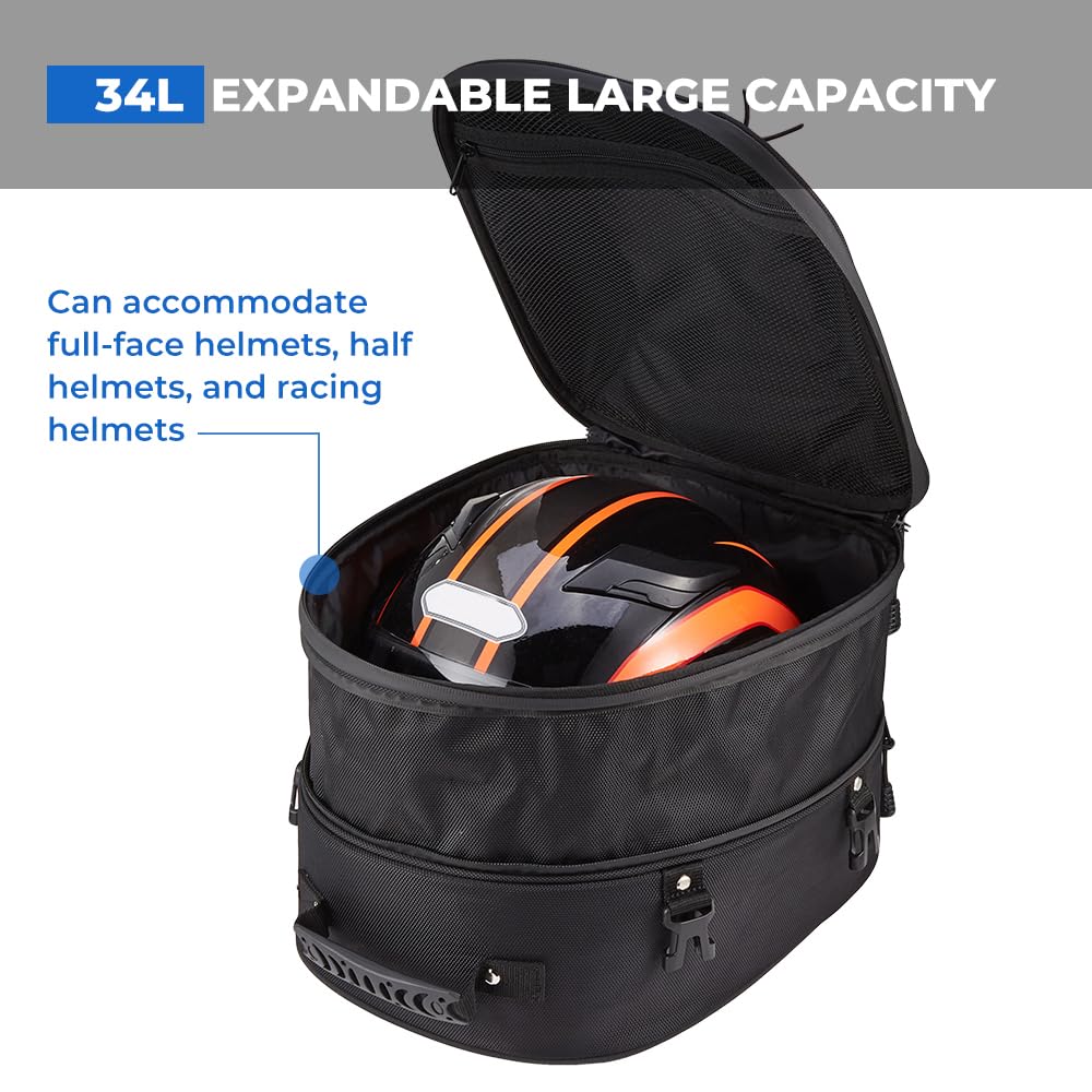 Kemimoto Motorcycle Tail Bag, Dual Use Motorcycle Rear Seat Bag With Waterproof Rain Cover, 22L-34L Expandable Motorbike Helmet