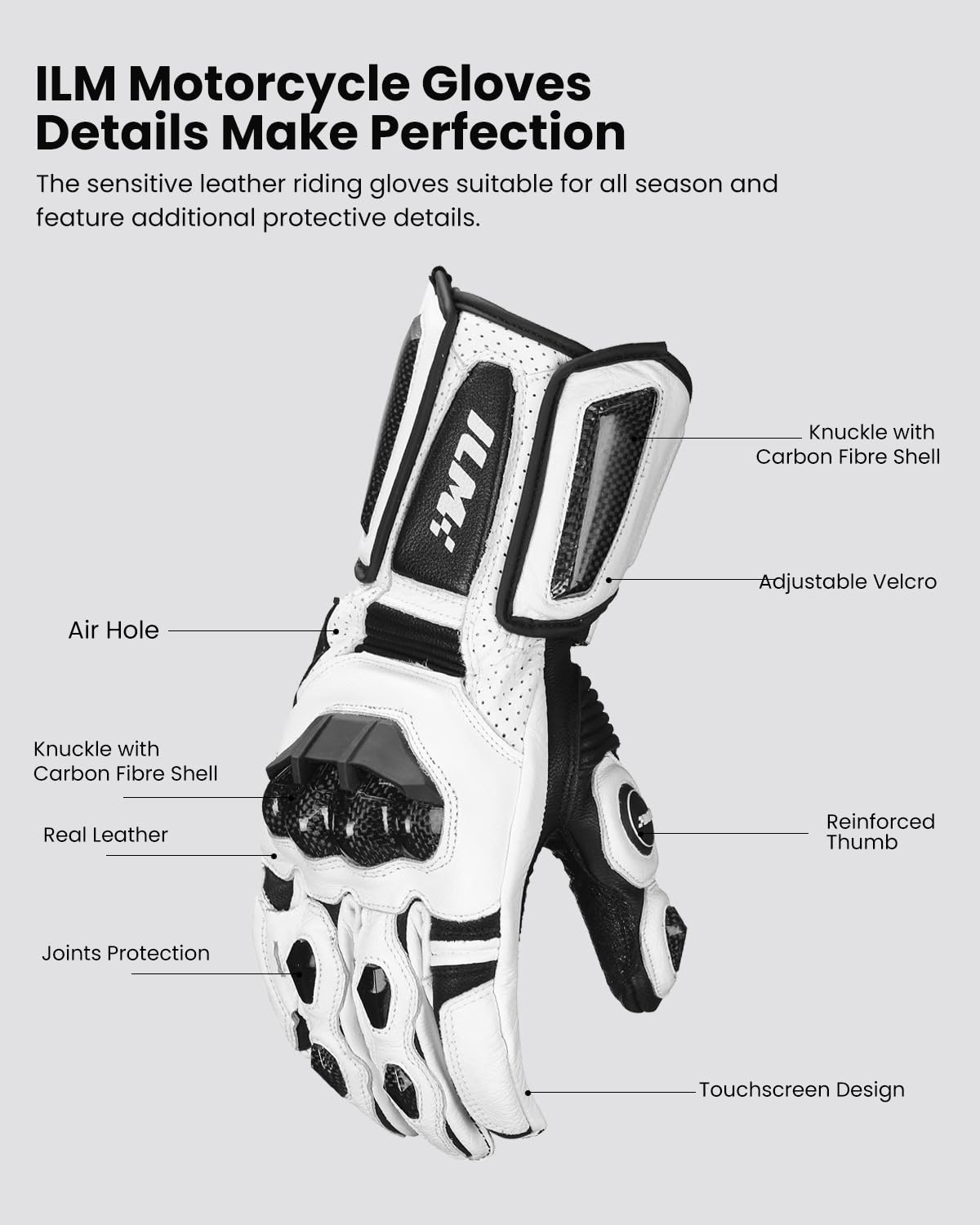 ILM Air Flow Leather Motorcycle Gloves for Men and Women Model-GRC01L (M, White-Long)