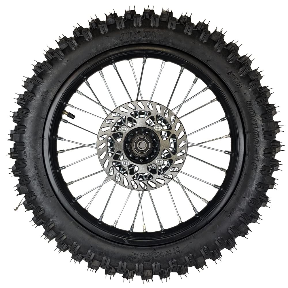 RedCap 16" Rear Wheel Tire Assembly with Brake Rotor & Sprocket for 90/100-16 Dirt Pit Bikes - Black Stainless Steel