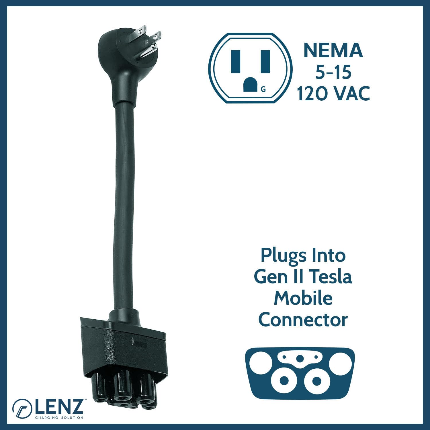 LENZ NEMA 5-15 Adapter for Tesla Mobile Charger Gen 2 & 3, 12 Amps, 10-Inch Length, 120V Compatibility